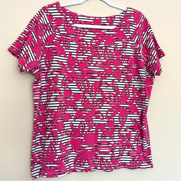 Rafaella Women’s Pink Floral Striped Short Sleeve Tee - Picture 1 of 6